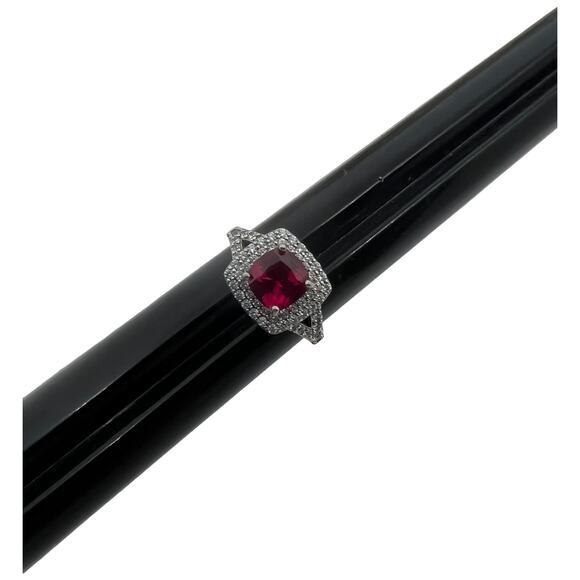 Sterling Silver 925 Ruby Red CZ Halo Ring Art Deco Style Size 6.5 - Picture 3 of 13